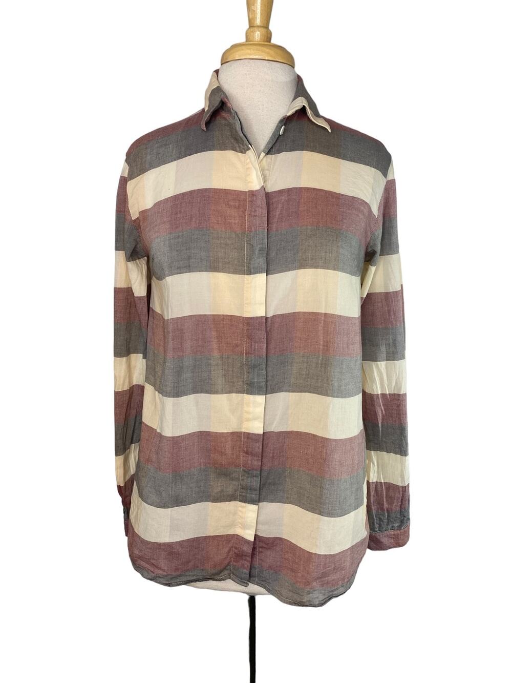 KOWTOW Wide Stripe Red Gray Ivory Button Up Blouse Size XS Womens Organic Cotton